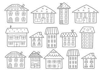 Cute doodle houses collection. Outline home elements isolated on white. Hand drawn buildings set for coloring pages and kids design. Vector illustration