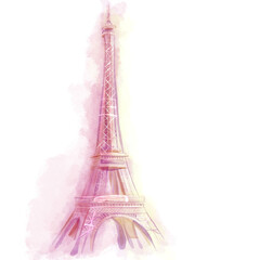 Naklejka na ściany i meble Watercolor drawing of Eiffel tower in Paris on white background, isolated, romantic style