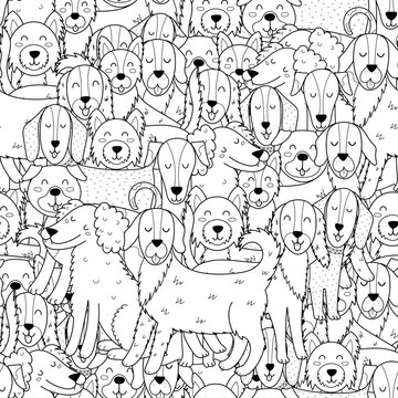 Cute dogs black and white seamless pattern. Funny puppy characters background for coloring page. Vector illustration