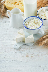 Shavuot jewish holiday celebration. Kosher fresh dairy products milk and cheese, ripe wheat, cream on white wooden background. Dairy products over white wooden background. Shavuot concept. Top view.