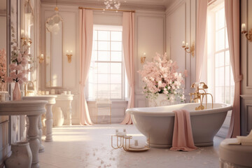 A large pink bathroom with a big tub and mirror. Ai generated.