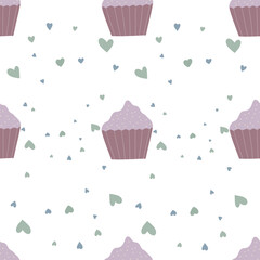 Cupcake Dessert. Cute seamless pattern for kids. Hand drawn cartoon background design concept used for printing, gift wrapping, baby clothing, textile, vector illustration