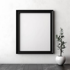 Picture frame, black frame, front view, blank canvas, white background