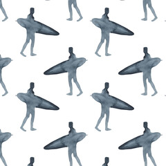 Fototapeta premium Surf boy decorative pattern with people riding on surfboard over waves flat isolated flat illustration on white background.