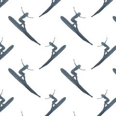 Surf boy and girl decorative pattern with people riding on surfboard over waves flat isolated flat illustration on white background.