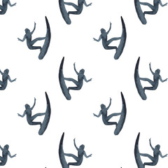 Surf girl decorative pattern with people riding on surfboard over waves flat isolated flat illustration on white background.