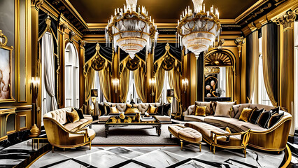 Fototapeta na wymiar Luxury home interior with Golden furniture and hanging lights - Generative Ai