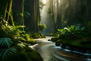 Journeying through a Forest Adorned with Green Trees and Serene Rivers, a detailed matte painting, photorealism, volumetric lighting, matte painting, Generative AI