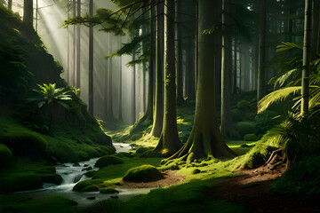 Nature's Majestic Tapestry: Immersing in a Forest Overflowing with Green Trees and Serene Rivers, a detailed matte painting, photorealism, volumetric lighting, matte painting, Generaritve AI