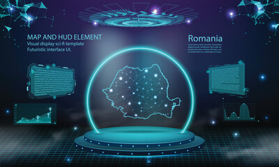 romania map light connecting effect background. abstract digital technology UI, GUI, futuristic HUD Virtual Interface with romania map. Stage futuristic podium in fog. - obrazy, fototapety, plakaty