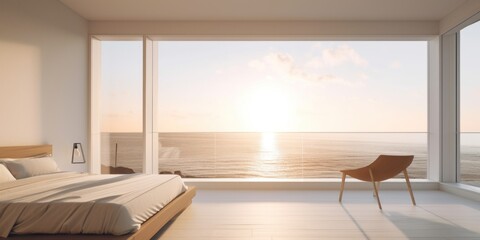 A bedroom with a view of the ocean. Generative AI image.