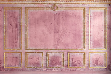 Fototapeta premium Classic wall of old gold stucco panels pink paint
