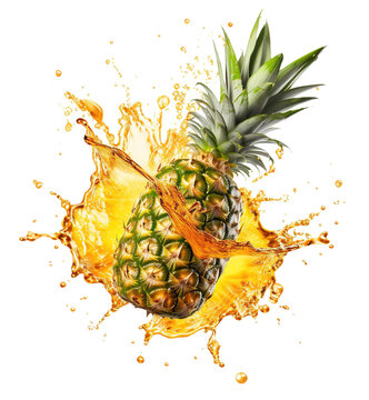 a fresh, ripe pineapple with a pineapple juice splash on transparent background