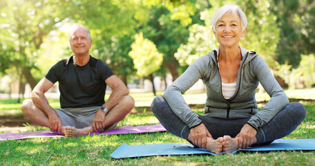 Portrait, meditation and senior couple in a park, yoga and happiness with exercise, zen or workout....