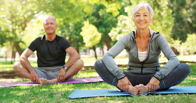 Portrait, meditation and senior couple in a park, yoga and happiness with exercise, zen or workout. Face, mature man or old woman outdoor, smile or fitness with wellness, balance or healthy lifestyle