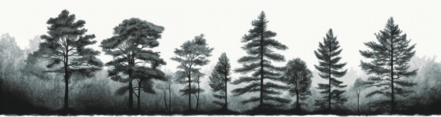 various silhouettes of pine trees, in the style of detailed engraving, elegant brushstrokes. Generative Ai Illustration.