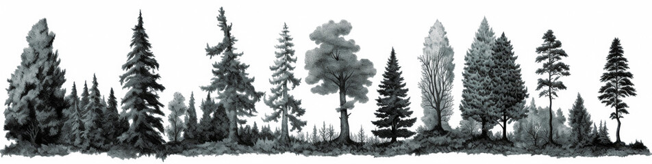 Fototapeta premium various silhouettes of pine trees, in the style of detailed engraving, elegant brushstrokes. Generative Ai Illustration.