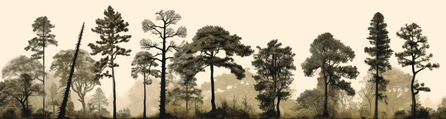 Fototapeta na wymiar various silhouettes of pine trees, in the style of detailed engraving, elegant brushstrokes. Generative Ai Illustration.