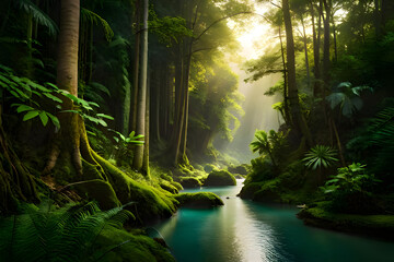 The Green Oasis: Unveiling the Beauty of a Forest Bursting with Green Trees and Meandering Rivers, a detailed matte painting, photorealism, volumetric lighting, matte painting, Generative AI