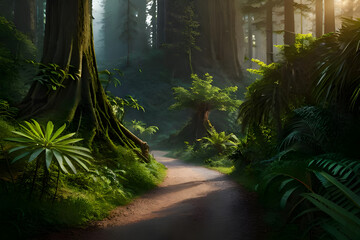Immersing in a Forest Filled with Verdant Trees and Serene Pathways, a detailed matte painting, photorealism, volumetric lighting, matte painting, anamorphic lens flare, Generative AI