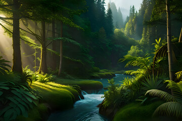 Delving into a Forest Filled with Abundant Green Trees and Babbling Rivers, a detailed matte painting, photorealism, volumetric lighting, matte painting, anamorphic lens flare, Generative AI