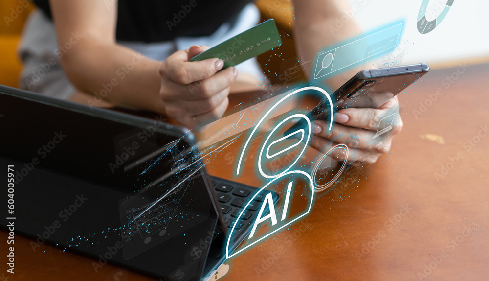 Poster woman using chatbot in computer and tablet smart intelligence ai. chat gpt chat with ai artificial i