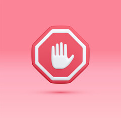 Obraz premium 3d realistic stop sign isolated light background. Hand stop symbol. Traffic stop. Symbol of restricted and dangerous. Vector illustration