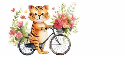 World bicycle day, cartoon tiger have bicycle ride.  Post processed AI generated image.