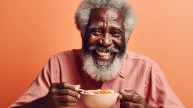 An joyful afro senior man exudes joy as he partakes in a balanced and healthy breakfast while posing on a orange background. Generative AI