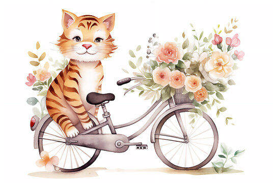 World bicycle day, cartoon tiger have bicycle ride.  Post processed AI generated image.