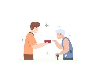 a man gives food to a homeless or to a beggar. providing aid to the poor. almsgiving and charity. share with others. design illustrations of people activities. vector elements. white background