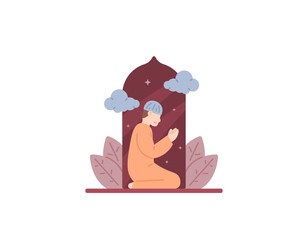 illustration of a Muslim man sitting and praying. ask Allah for forgiveness. worship. Muslims and religions. character illustration design. Design elements for Ramadan, Eid al-Fitr, Eid al-Adha themes