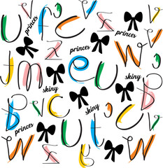 print pattern consisting of colorful inscriptions and ribbon