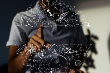 Double exposure of abstract virtual chemistry hologram on modern interior background, research and development concept.