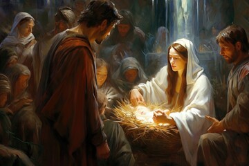  Nativity scene vertep, religious concept, Star of Bethlehem. Birth of the Son of God, Jesus Christ, the Virgin Mary Joseph . Christian Christmas. Bible, Miracle. Holy Family. Generative AI. 
