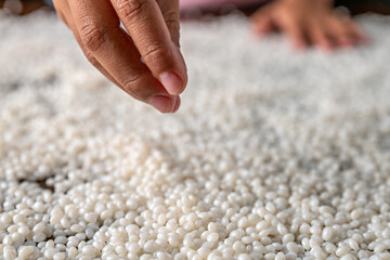 White plastic grain, plastic polymer granules,hand hold Polymer pellets, Raw materials for making water pipes, Plastics from petrochemicals and compound extrusion, resin from plant polyethylene.