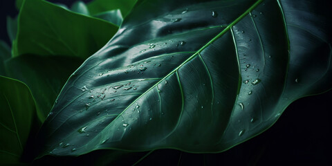 Closeup jungle, tropical green leaf. Macroshoot of  green leaves. tropical forest plant. Natural botanical background, banner, cover. Generative ai.