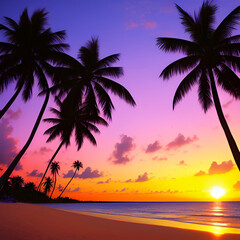 Naklejka na ściany i meble Beach with palm trees at sunset. Generative Ai.