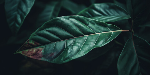 Closeup jungle, tropical green leaf. Macroshoot of  green leaves. tropical forest plant. Natural botanical background, banner, cover. Generative ai.