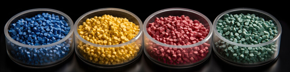 Recycled crushed plastic granules turned into new reused material. Plastic crossover. Recycled plastic with mixed colors. Generative AI