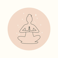 Female silhouette in lotus position. Symbol, logo, emblem, icon for web design, social media stories. Trendy minimal lineart style. Girl practice meditation. . Sports activities. Vector in boho style