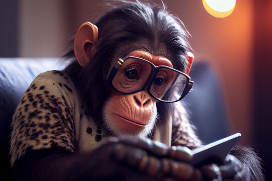 A hilarious portrait of a mischievous monkey wearing glasses and engrossed in using a smartphone, capturing the fusion of technology and humor in a playful and entertaining way, generative ai