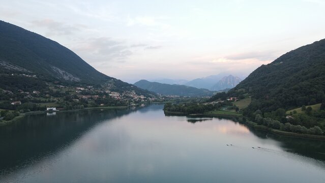 Drone photo of a mountain lake in Italy.