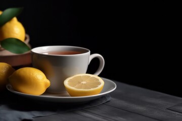 Obraz na płótnie Canvas A cup of tea with lemon isolated on table. Generative AI