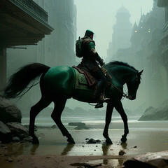 Naklejka premium Illustration of a horse rider on horseback against a green silhouette