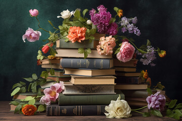 Flowers on a stack of books