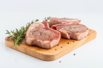 Fototapeta premium A wooden cutting board with a piece of meat on it. Generative AI