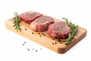 Three steaks on a wooden cutting board with rosemary on the side. Generative AI
