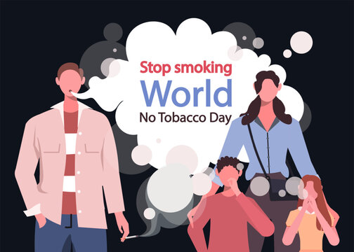 Little children with mom suffer from father's smoking. Kids passive smokers, harm for health. World No Tobacco Day. Bad habits and effect. Flat vector illustration isolated on black background.
