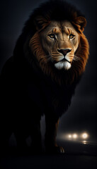Obraz na płótnie Canvas male lion in dark background. AI Generative
